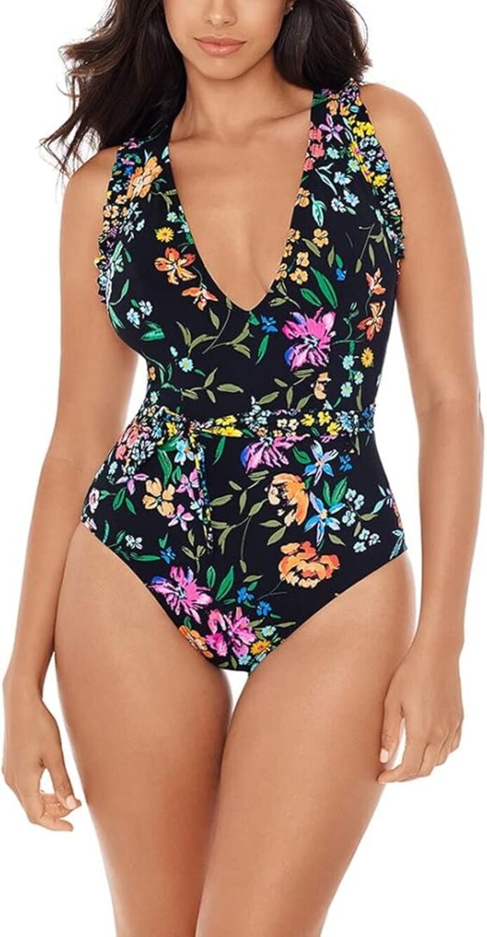 Skinny Dippers Swimsuit One Piece Baby Kiss Cinch Ruffle XL Black Floral Swim
